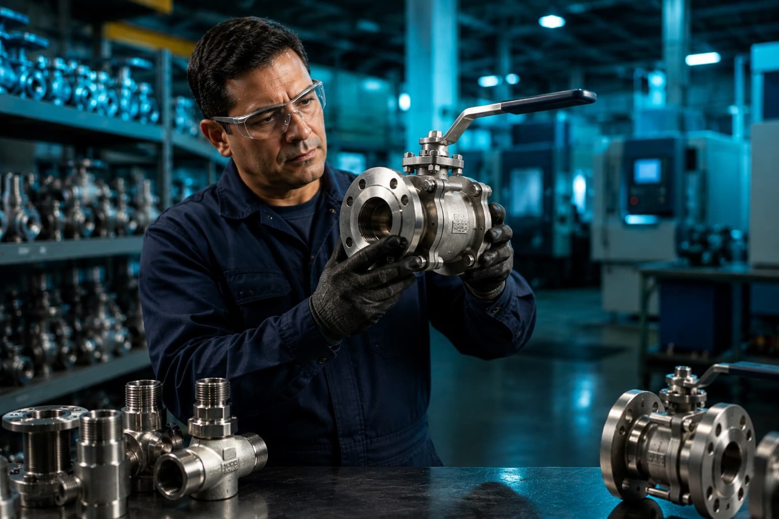 Male engineer inspecting a stainless steel industrial ball valve at a workbench, hydraulic valve stock in background