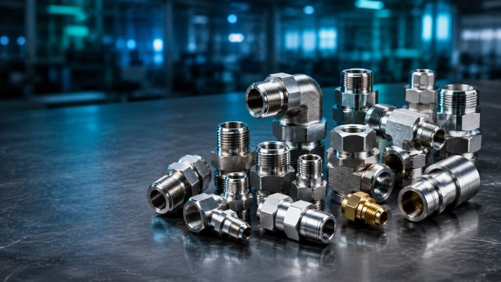 Assortment of industrial hydraulic fittings including adapters, elbows, and quick-release couplings on a workbench