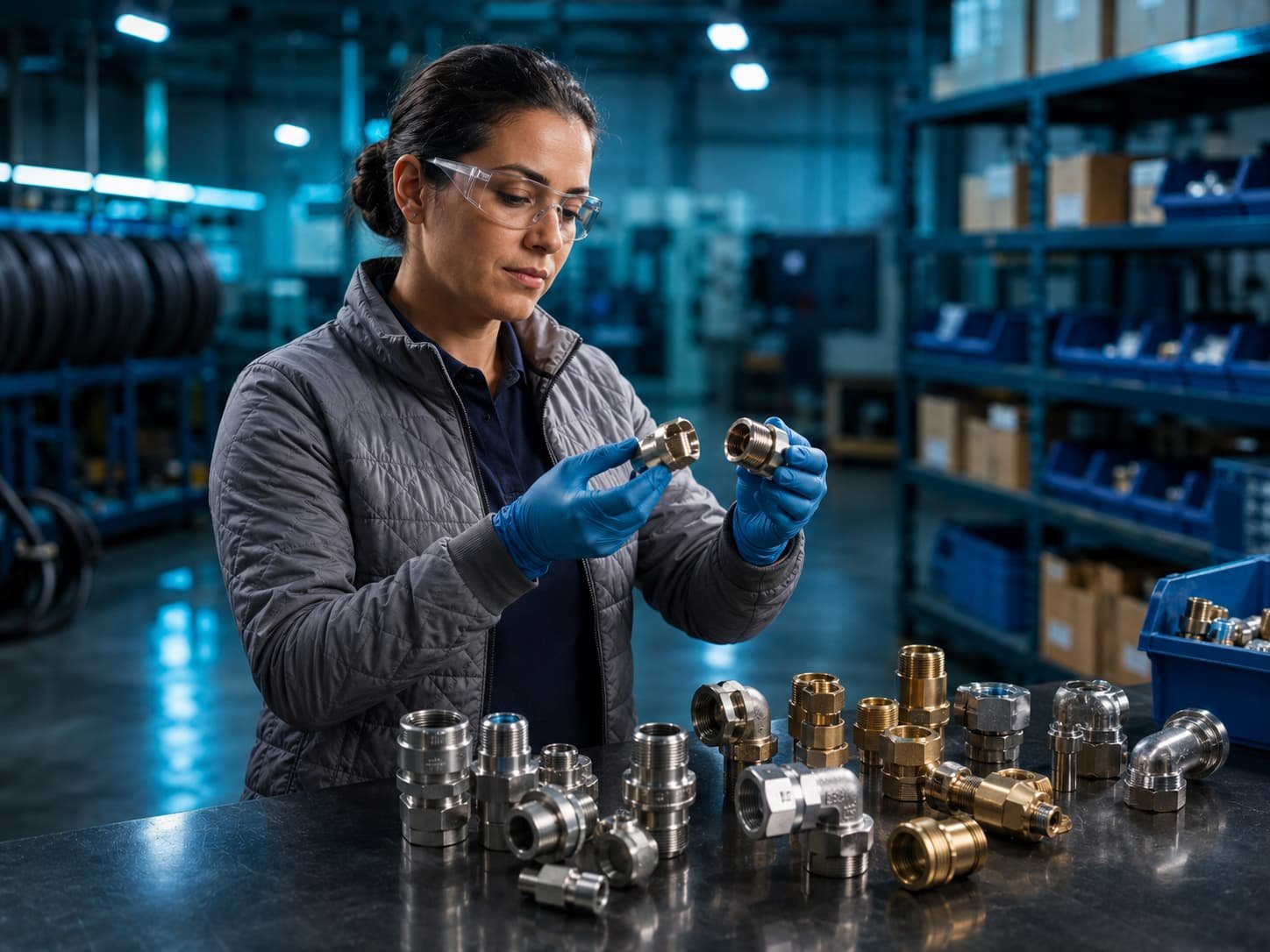 Female technician sorting brass and stainless hydraulic fittings at a workbench, fitting stock shelving in background