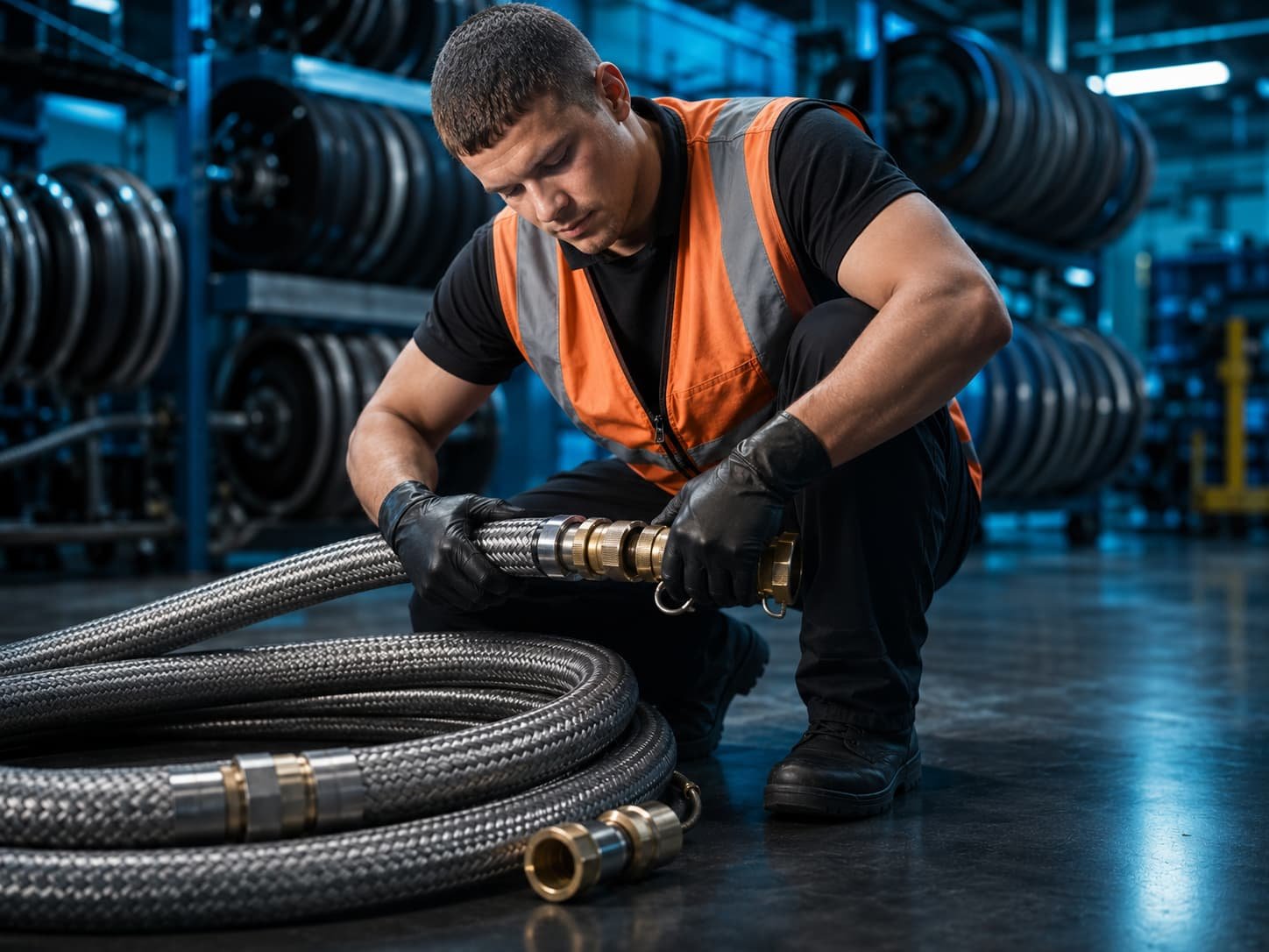 Male technician in orange hi-vis vest connecting a brass camlock coupling to a braided hydraulic hose, hose reel storage in background