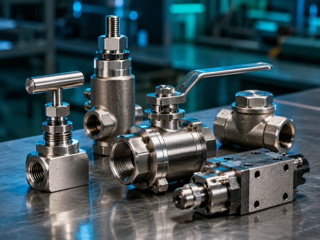 Assortment of industrial hydraulic valves including a needle valve, ball valve, check valve, and directional control valve